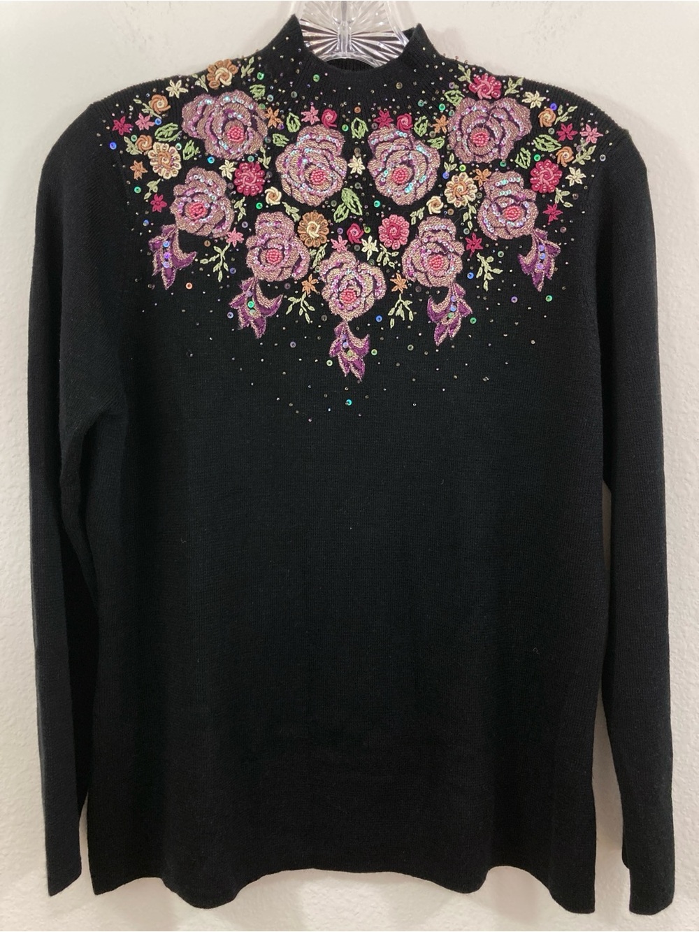 Ronglan Black Embroidered Beaded Sweater Mock Neck Long Sleeve